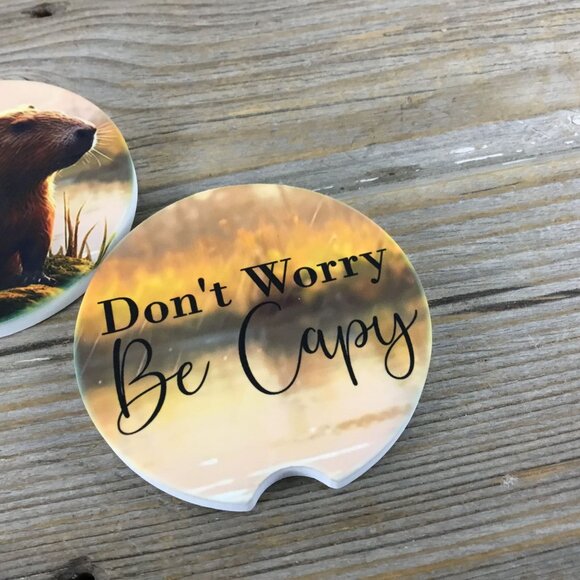 Don't Worry Be Capy Capybara Car Coasters Set of 2 - Picture 3 of 6